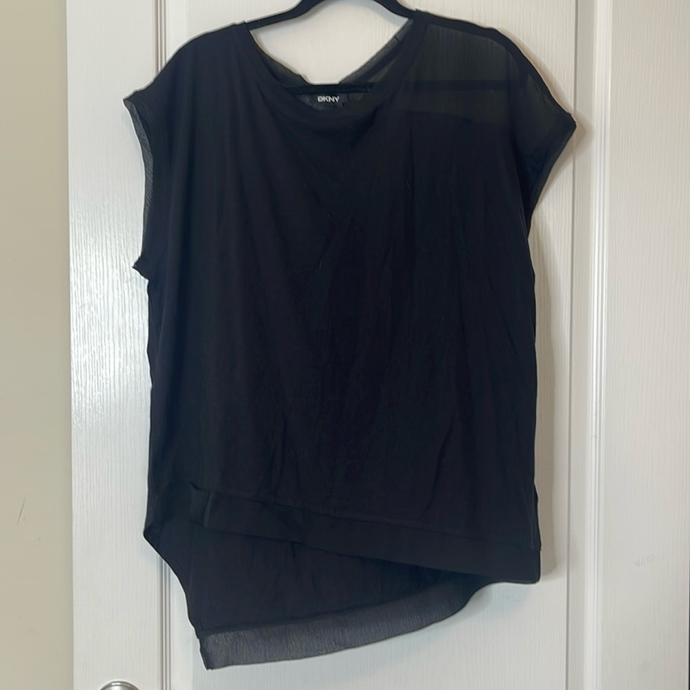 DKNY Asymmetrical Cap Sleeve Semi Sheer Blouse Black XL